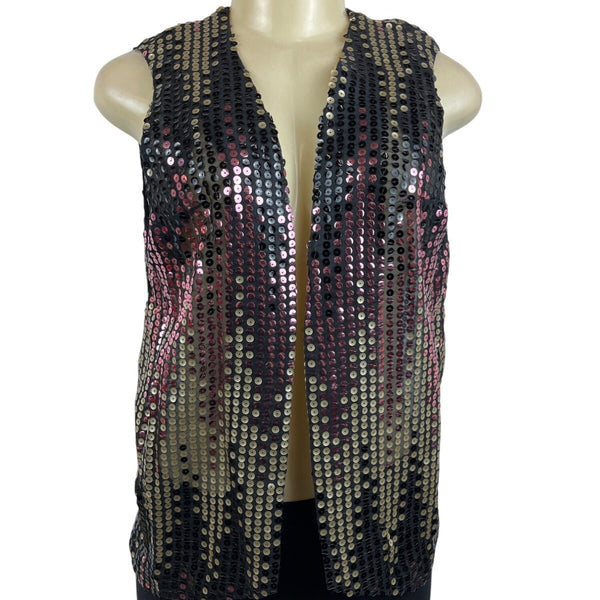 Vintage Sequin Sleeveless Vest Black & Gold With Pink Accents Womens One Size
