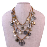 Multi-Strand Womens Beige Multi-Material Necklace Metal & Pearl Charms