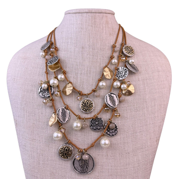 Multi-Strand Womens Beige Multi-Material Necklace Metal & Pearl Charms