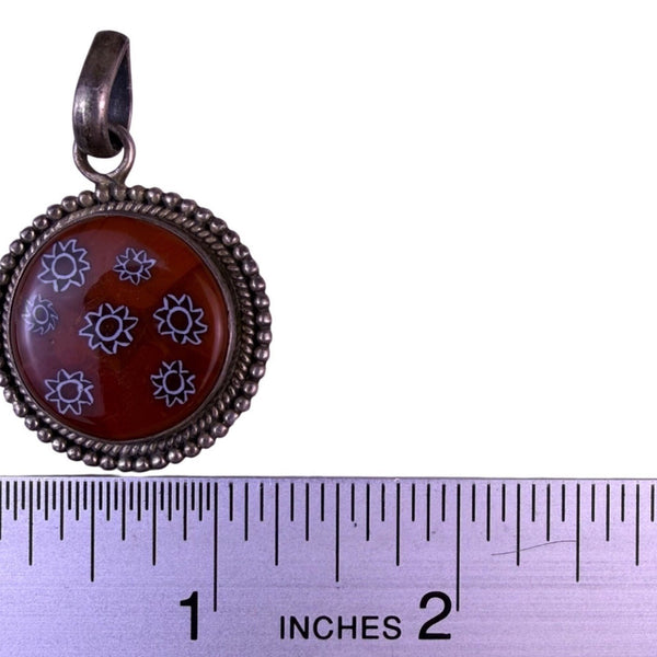 Vintage  Millefiori Glass Pendant Sterling Silver 925 Sunflowers Orange White