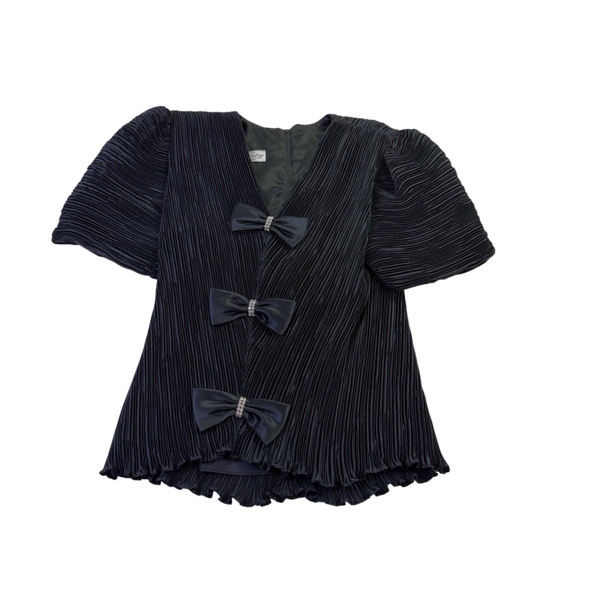 Katherine Lindsay Womens Black Pleated Satin Bow-Detailed Puff Sleeve Top 