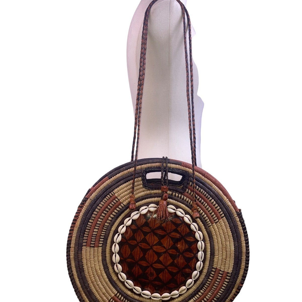 Women’s Woven Straw & Leather Multicolor Round Handbag With Cowrie Shell Trim