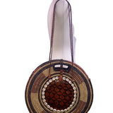 Women’s Woven Straw & Leather Multicolor Round Handbag With Cowrie Shell Trim