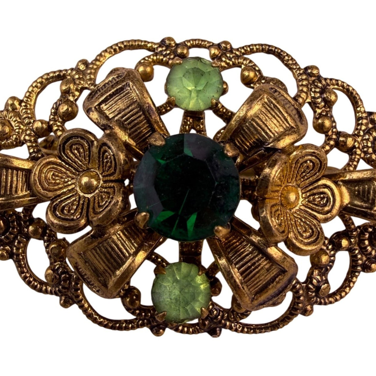 Vintage Womens Brass Filigree Brooch With Green Faceted Stones Oval