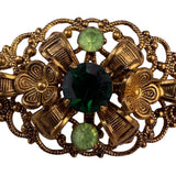 Vintage Womens Brass Filigree Brooch With Green Faceted Stones Oval