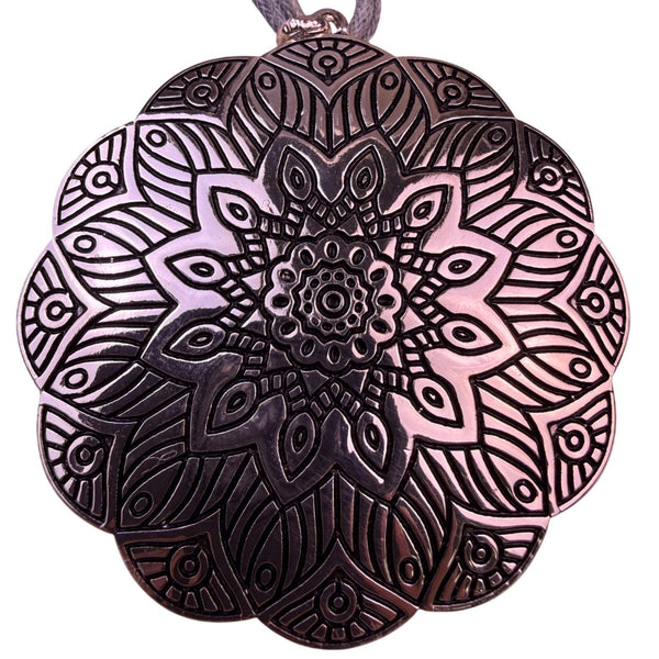 Silver Tone Womens Mandala Pendant Necklace With Knotted Cord & Beaded Detailing
