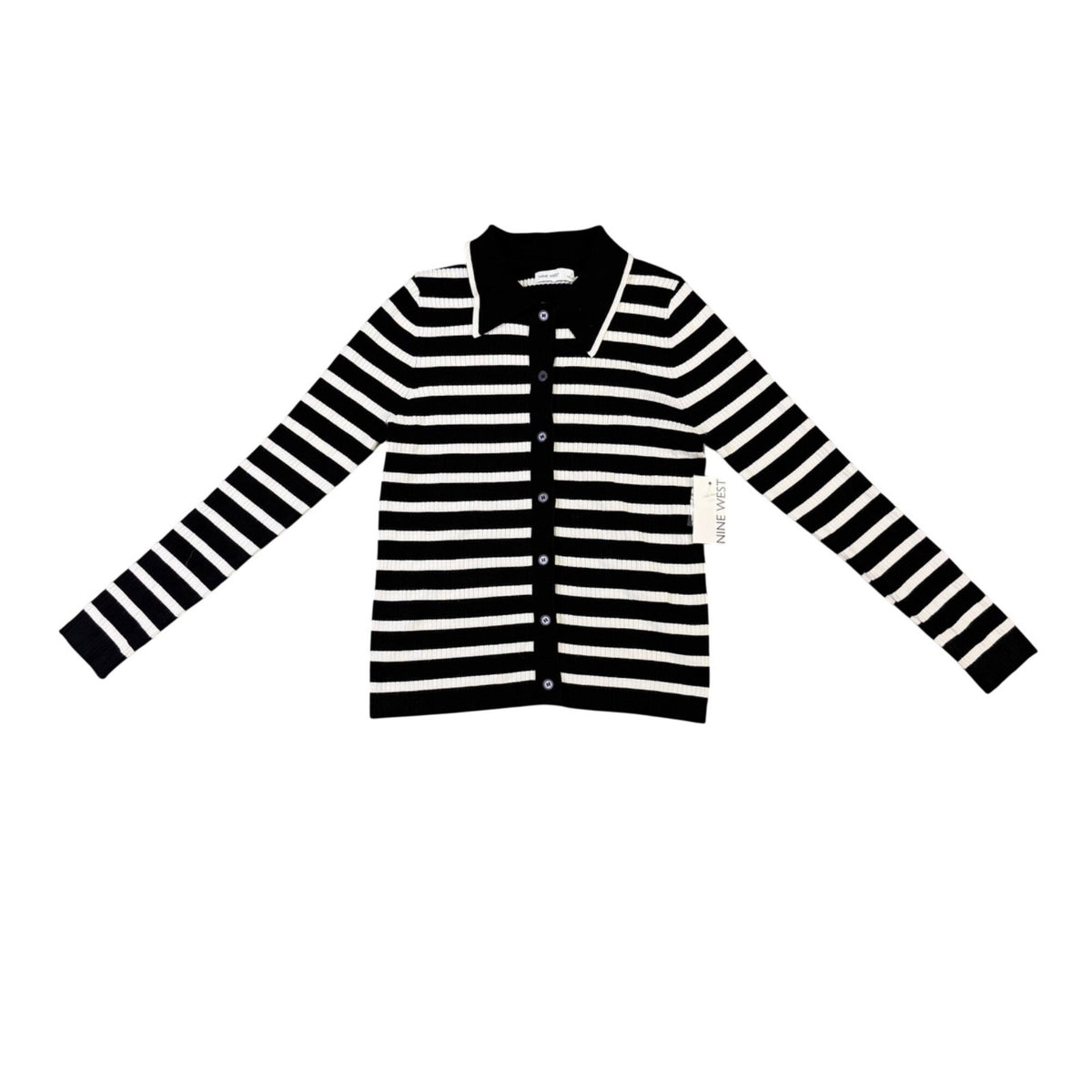 Nine West Womens Black & White Striped Button-Up Cardigan Sweater Size S