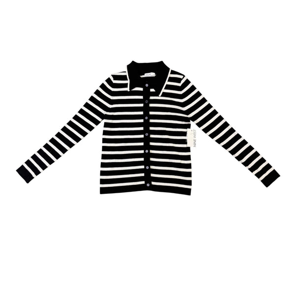 Nine West Womens Black & White Striped Button-Up Cardigan Sweater Size S
