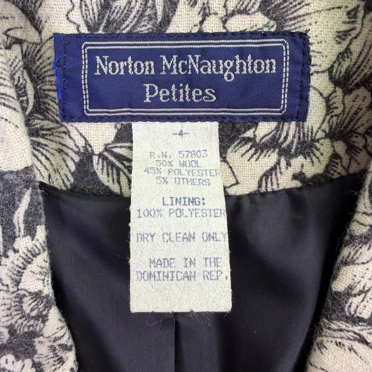Norton McNaughton Womens Black/White Wool Blend Floral Print Blazer Jacket Sz 4