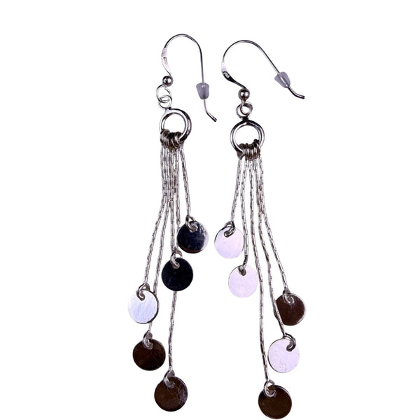 Sterling Silver 925 Womens Dangling Earrings Multichain Tassels Circle Charms