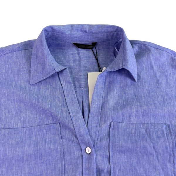 Zara Womens Blue Linen-Blend Collared Button-Up Short Sleeve Shirt Size XS