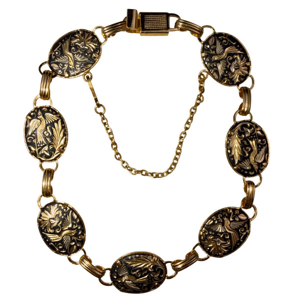 Gold Tone Ladies Black Oval Link Damascene Birds & Flowers Bracelet Toledo