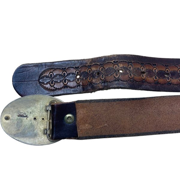 Brown Leather Mens Embossed Belt W/ Gold Oval Ship Engraved Buckle