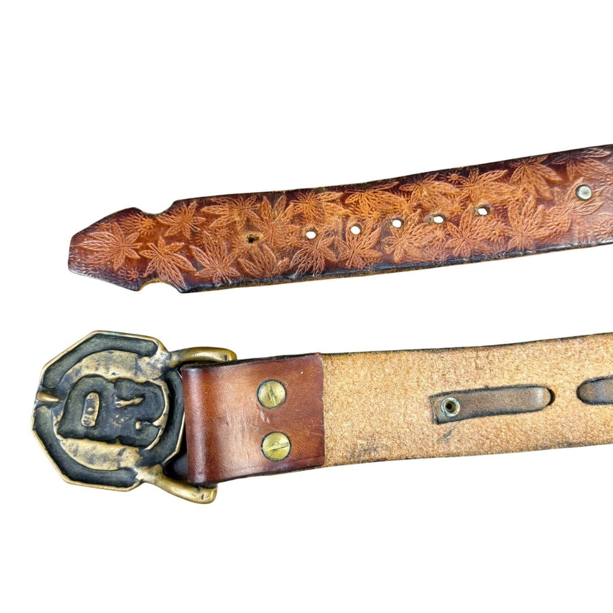 Handcrafted Vintage Brown Leather Belt US Buckle Embossed Design Unique