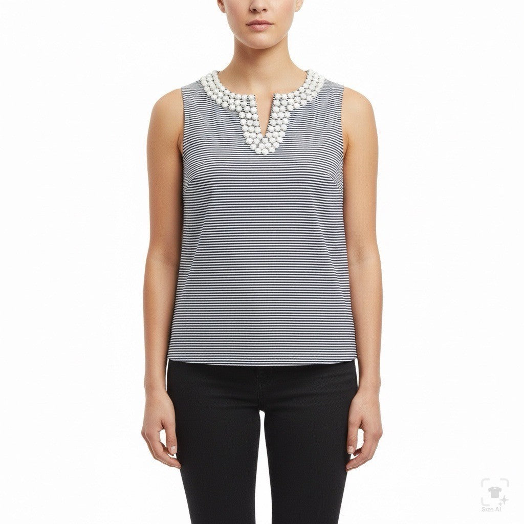 Talbots Womens Navy White Cotton Striped Sleeveless Top Petite Beaded Neck Sz S