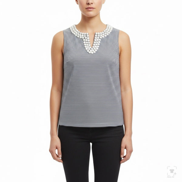 Talbots Womens Navy White Cotton Striped Sleeveless Top Petite Beaded Neck Sz S