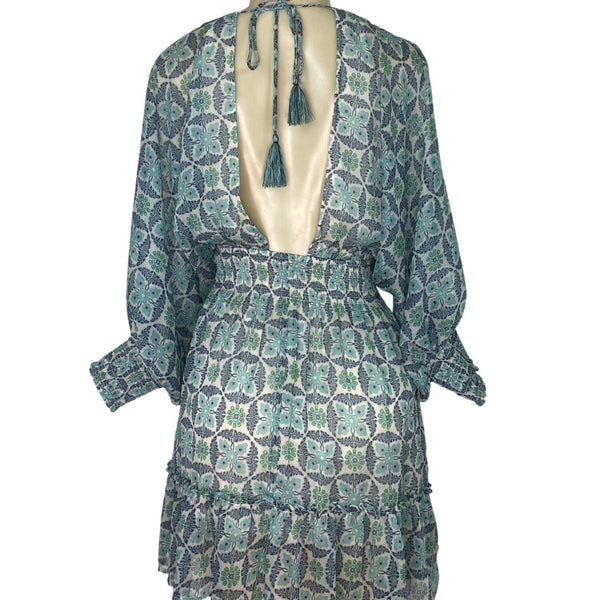 Lovestitch Women’s Blue & Green Floral Print V-Neck Long Sleeve Mini Dress Sz S