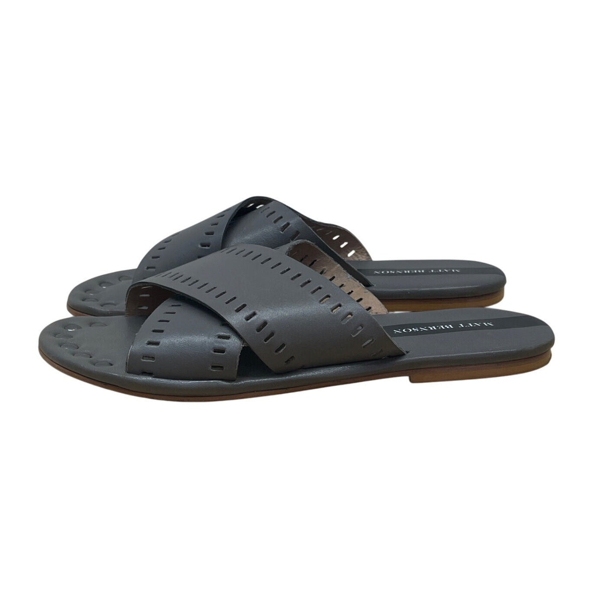 Matt Bernson Womens Gray Leather With Perforated Detailing Slide Sandals Size 8