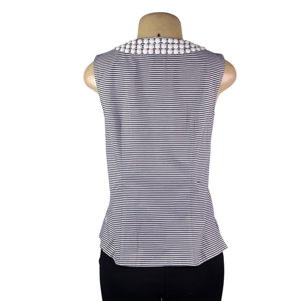 Talbots Womens Navy White Cotton Striped Sleeveless Top Petite Beaded Neck Sz S