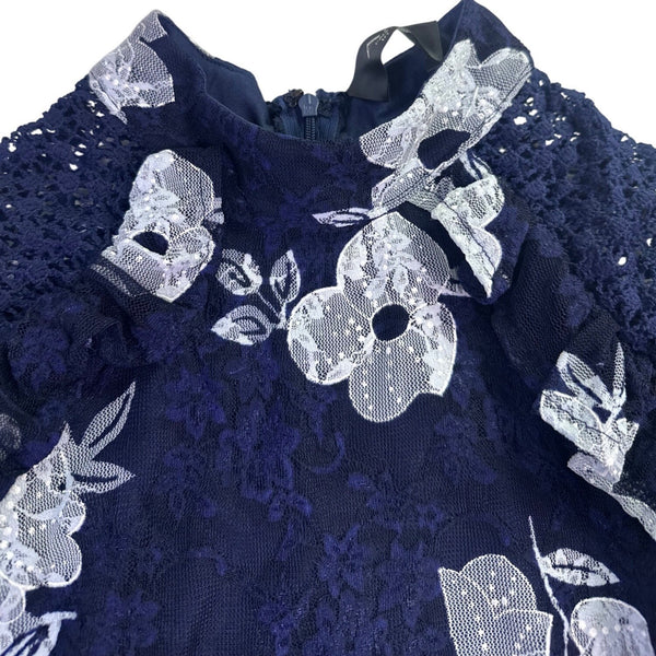 AX Paris Womens Navy Lace Floral Mini Dress Elegant Ruffle Details Size 10