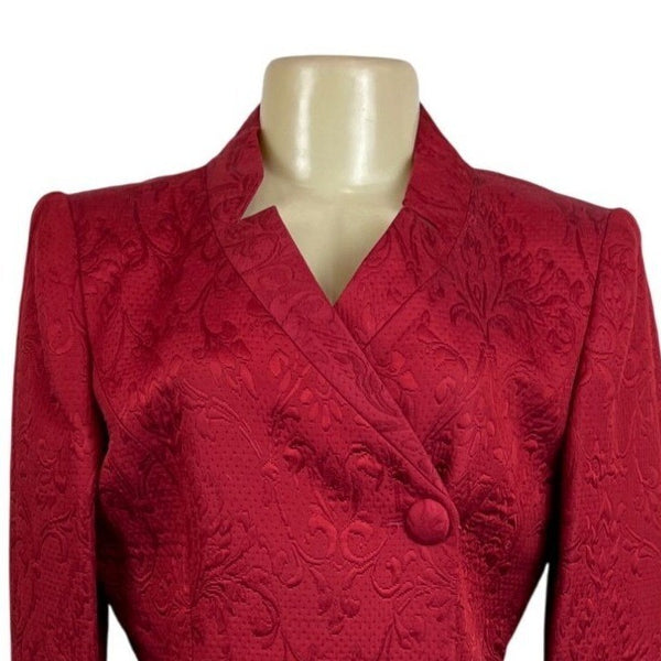 Vtg Christian Dior Women's Red Floral Skirt and Collarless Blazer Suit Sz 6