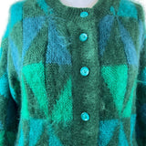 Vitage Mohair Green Geometric Mohair Blend Button-Up Cardigan Sweater Women’s
