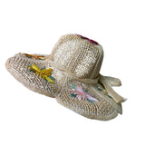 Straw Women Beige Raffia Sun Hat Floral Embroidered Decorative Brim Bow