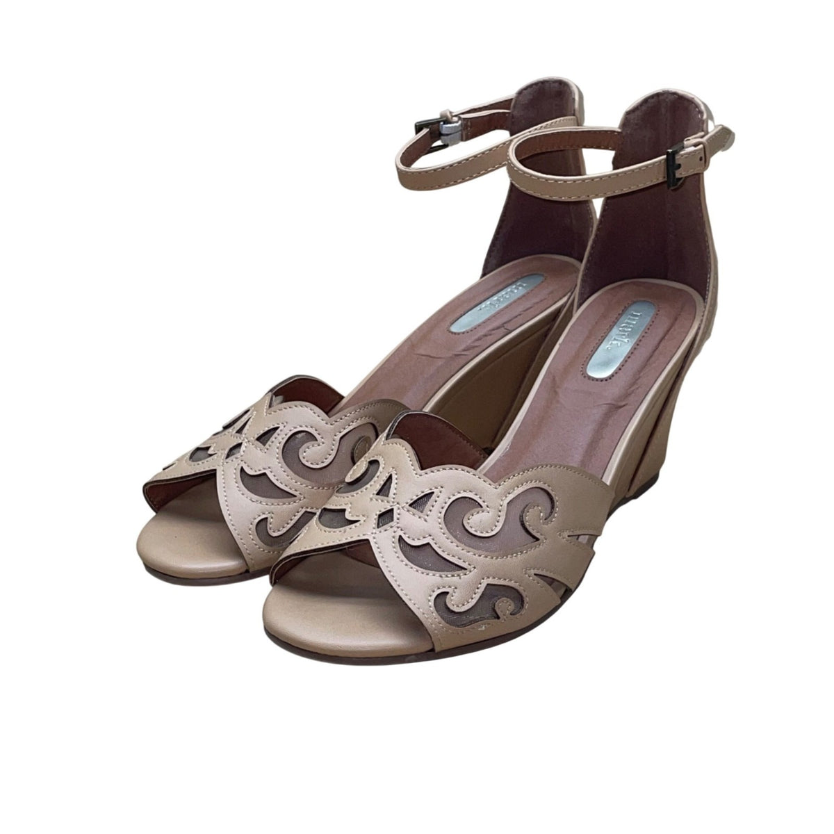 Mark Women’s Beige Man-Made Cutout Design Open Toe Wedge Ankle Sandals Size 7