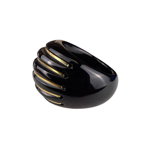 14K Milor Italy Black Enamel Resin Ring With Gold Accents Size 7 Vintage Italian