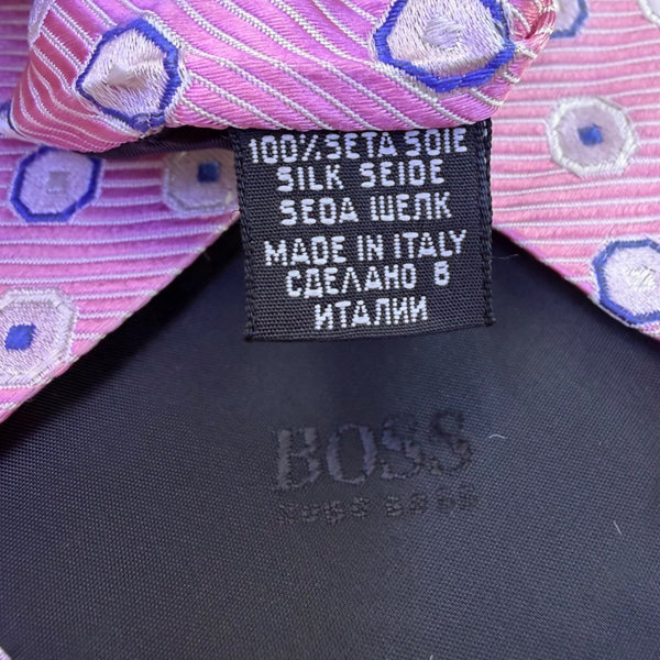 Hugo Boss Mens Pink & Blue Silk Geometric Pattern Tie Made In Italy Classic