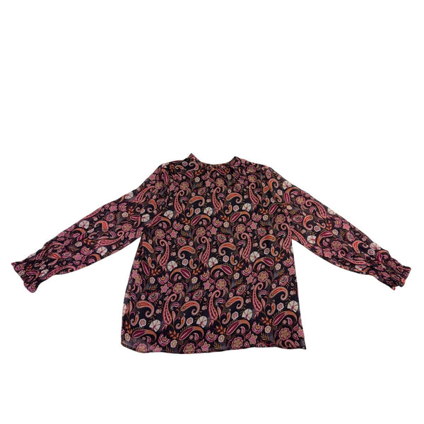 Loft Womens Black & Pink Paisley Print Long Sleeve Smocked Top Size XL