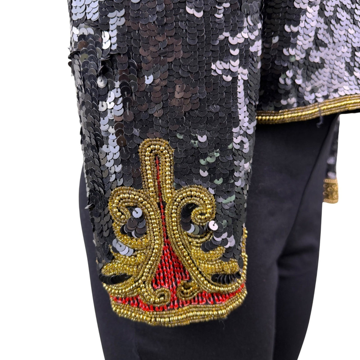Marie Ellyse Womens Black Sequin & Gold Embellished Silk Cropped Jacket Size L