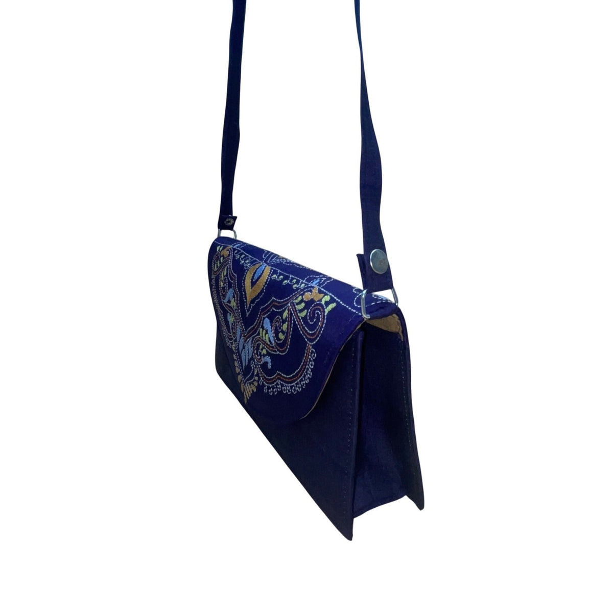 Embroidered Shoulder Bag Women Blue Fabric Fold-Over Clutch Adjustable Strap