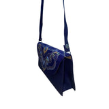 Embroidered Shoulder Bag Women Blue Fabric Fold-Over Clutch Adjustable Strap