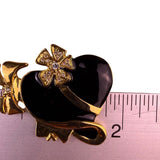 Vintage Gold Tone & Black Enamel Lady Hat Brooch With Rhinestones