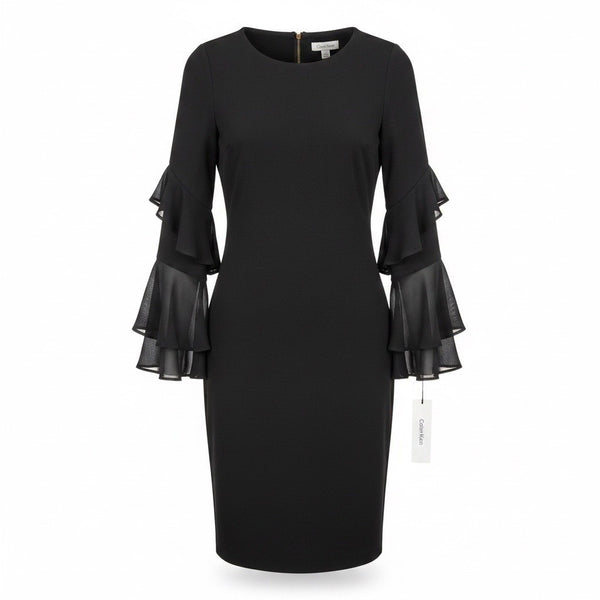 Calvin Klein Women Black Polyester Spandex Bell Sleeve Sheath Dress Size 10