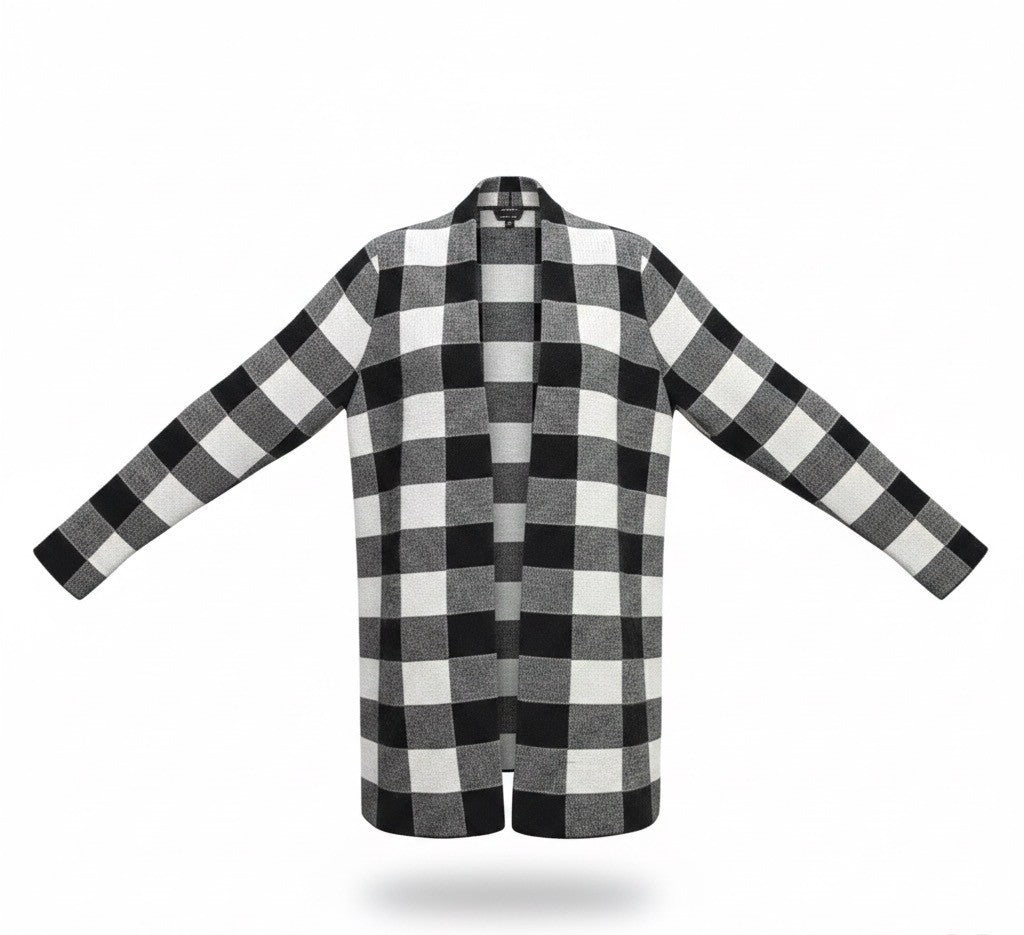 Talbots Womens Black White Merino Checkered Pattern Open Front Cardigan Size L