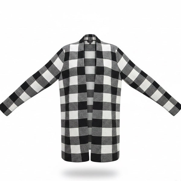 Talbots Womens Black White Merino Checkered Pattern Open Front Cardigan Size L