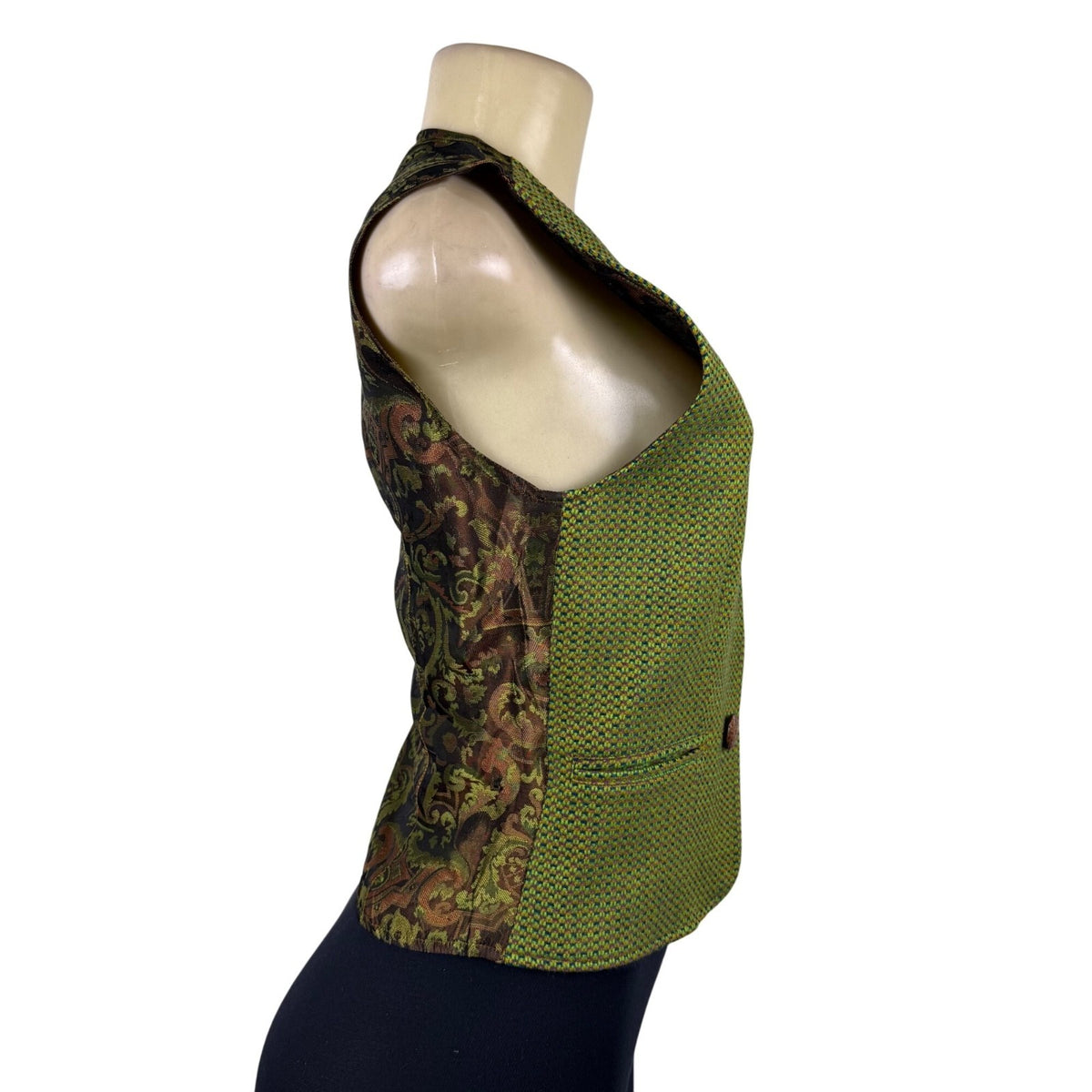 Womens Green Wool Paisley-Back Vest 100% Wool & Acetate Made In Italy Size 36