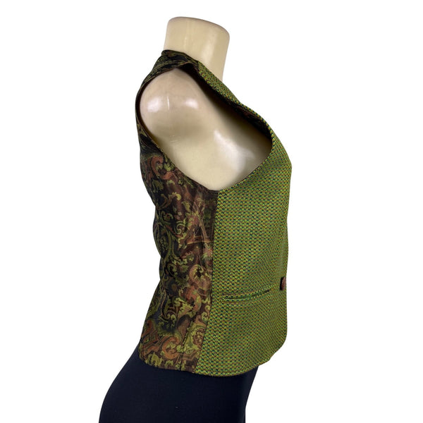 Womens Green Wool Paisley-Back Vest 100% Wool & Acetate Made In Italy Size 36