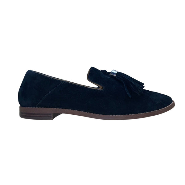 Franco Sarto Women’s Black Suede Silver Accent Tassel Loafers Size 8M