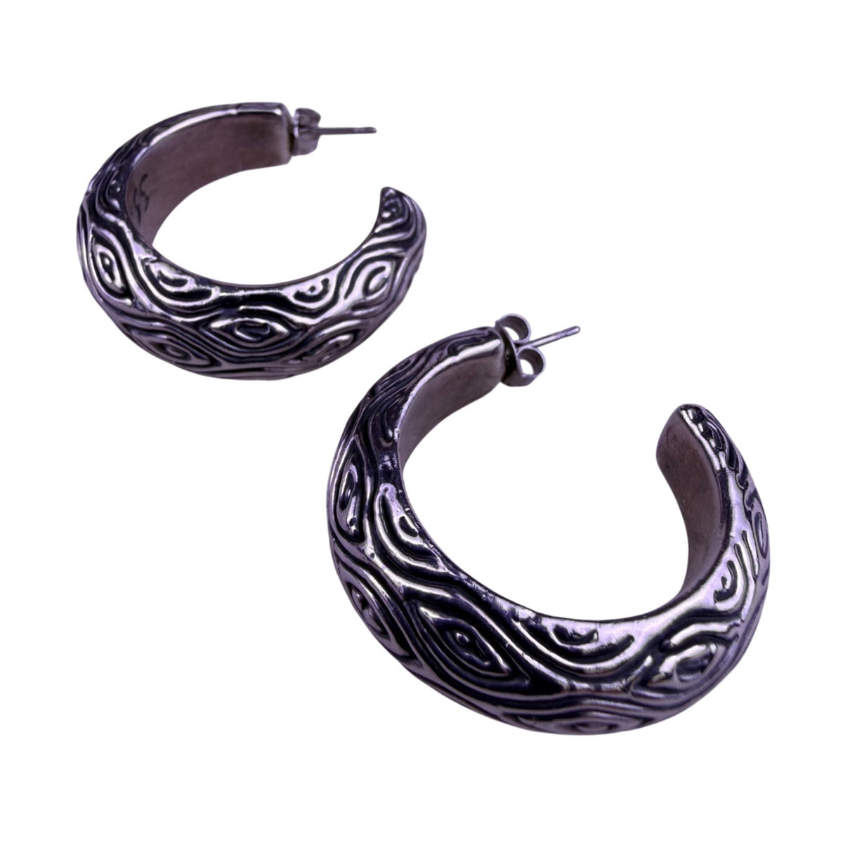 Sterling Silver 925 Womens Etched Bangle Bracelet & Hoop Earrings Set Vintage
