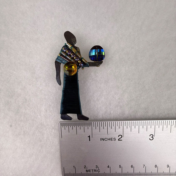 Liztech Gold Tone & Teal Figure Brooch Unique Wire Wrapped Beads Crystals