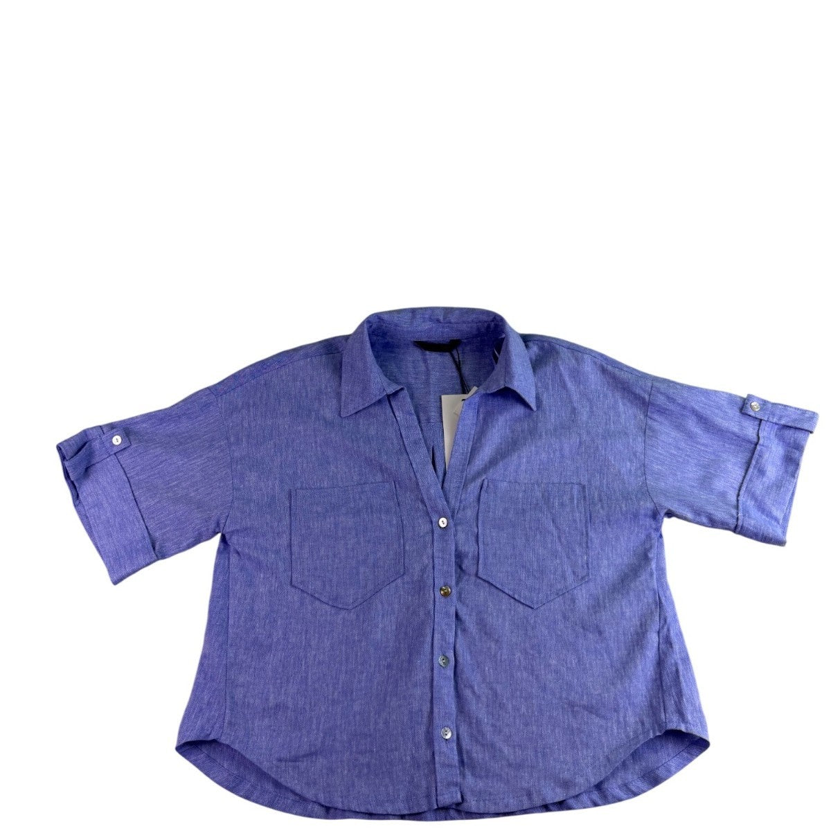 Zara Womens Blue Linen-Blend Collared Button-Up Short Sleeve Shirt Size XS