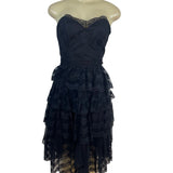 Vintage TD4 Strapless Black Lace Tiered Party Dress With Bow Back Detail Sz 7/8