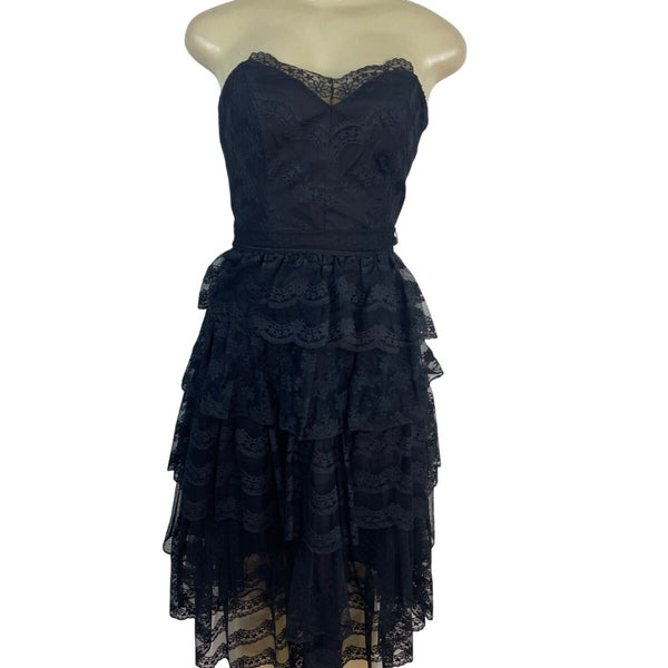 Vintage TD4 Strapless Black Lace Tiered Party Dress With Bow Back Detail Sz 7/8