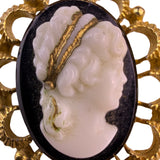 Vintage Gold Tone Womens Cameo Brooch Black/White Oval Metal Filigree Frame