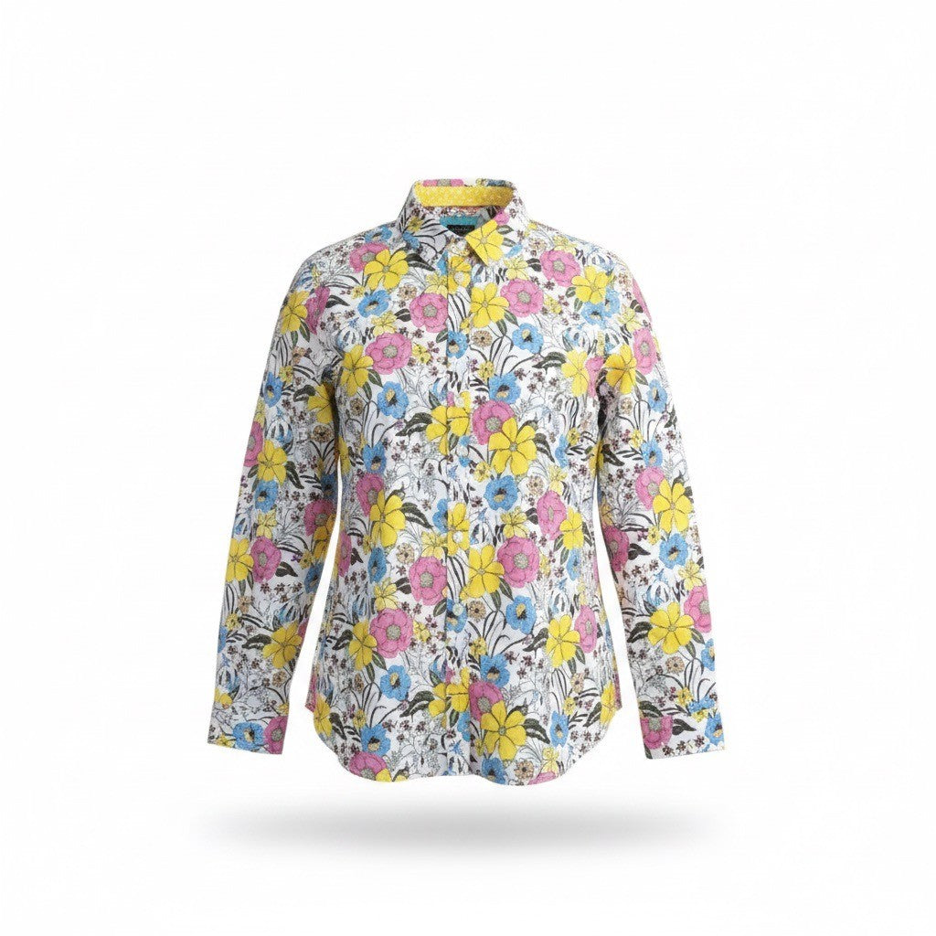 Talbots Petite Womens White Floral Button Front Long Sleeve Shirt Size PXL