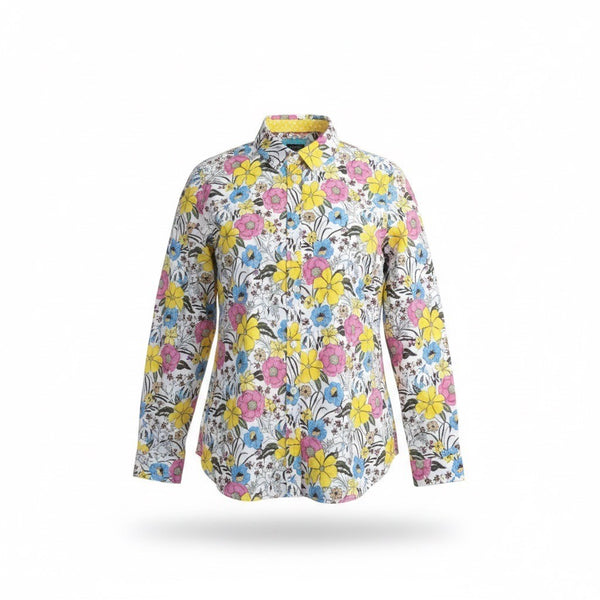 Talbots Petite Womens White Floral Button Front Long Sleeve Shirt Size PXL