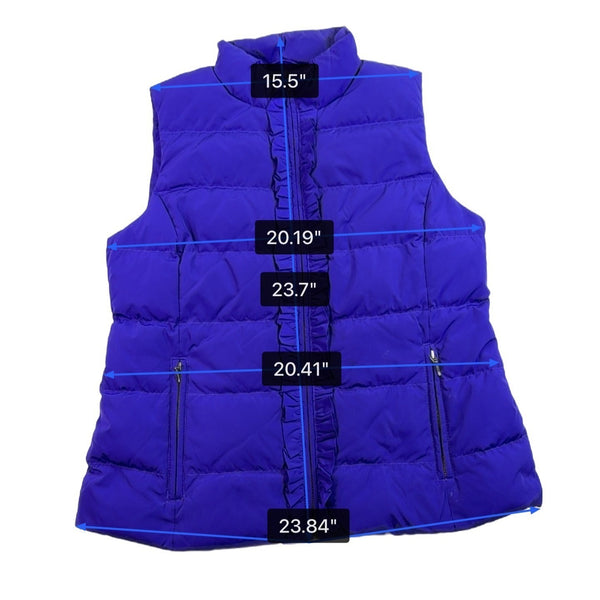 Talbots Womens Purple Puffer Vest Lightweight With Ruffle Zip Front Size L